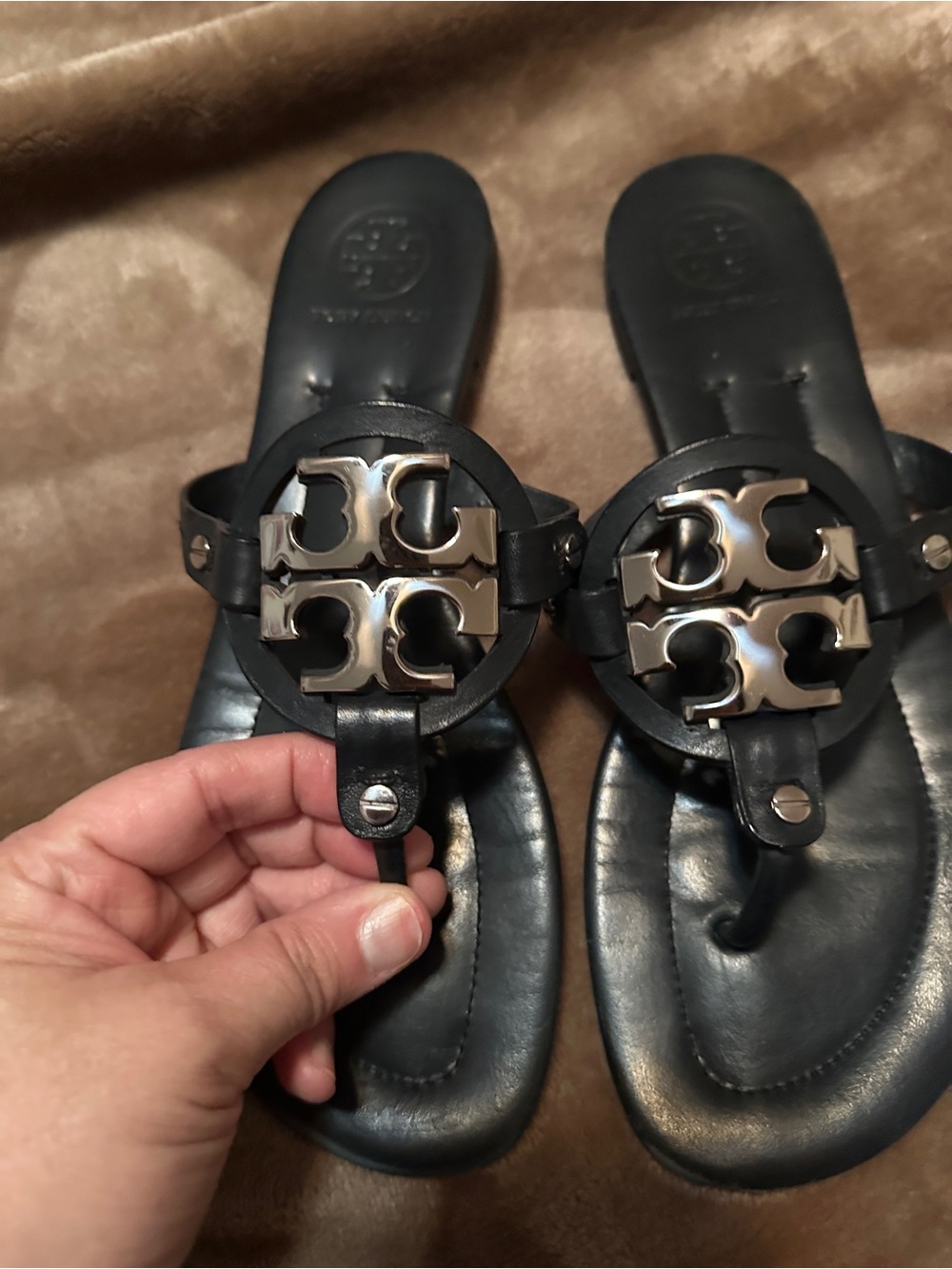Tory Burch Black Leather Logo Thong Sandals with Silver Medallions